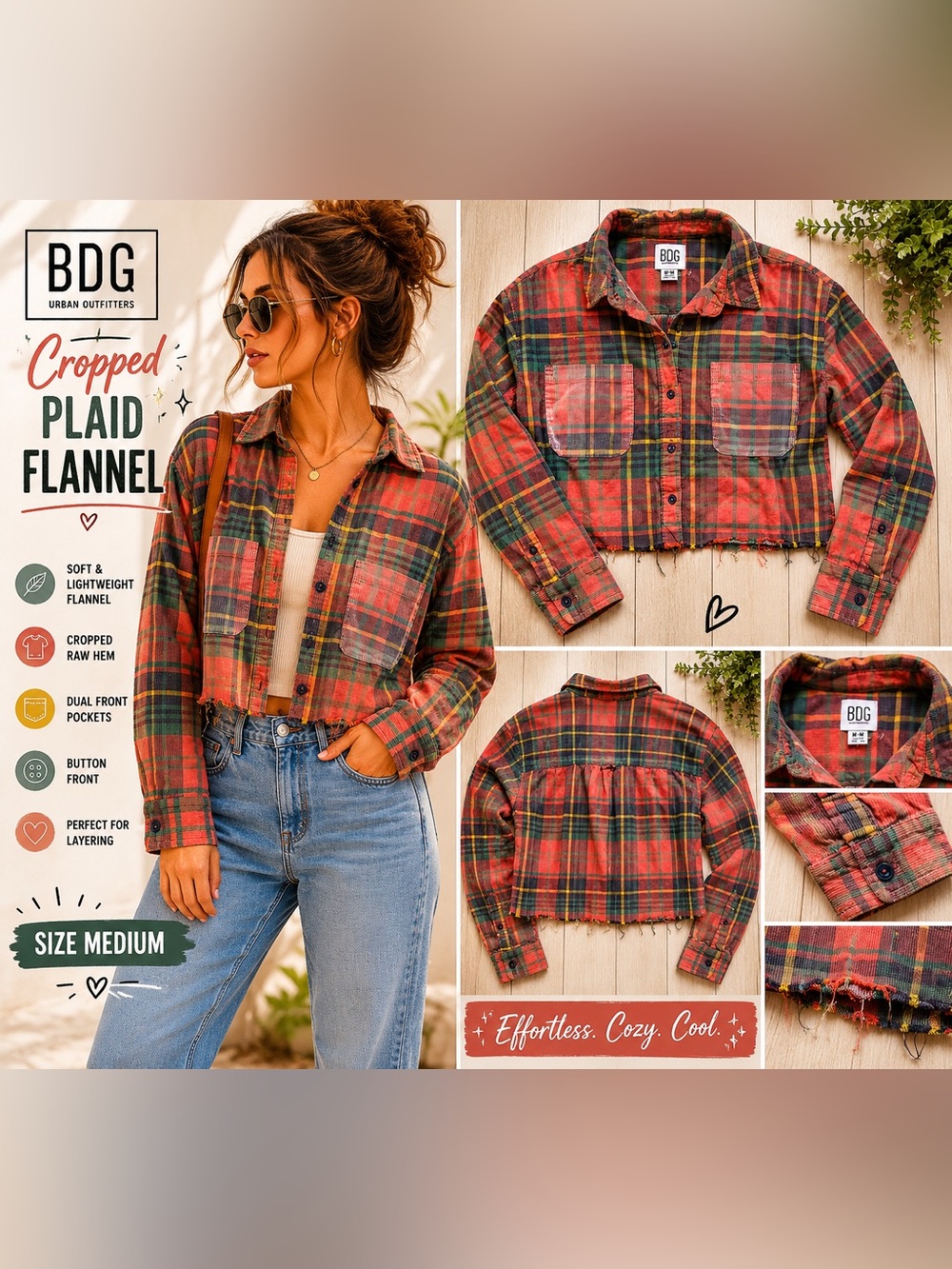 BDG Urban Outfitters Cropped Plaid Flannel Button Up Shirt Raw Hem Grunge Medium
